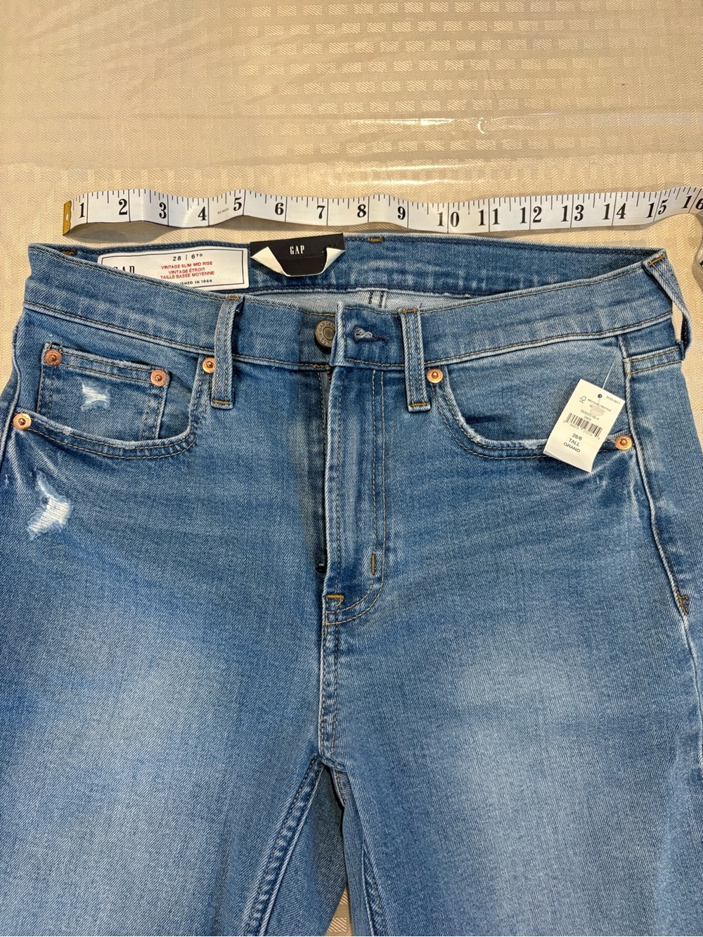 Gap Vintage Slim Mid Rise Jeans New With Tags Size 28 Tall Distressed Denim - Picture 12 of 14